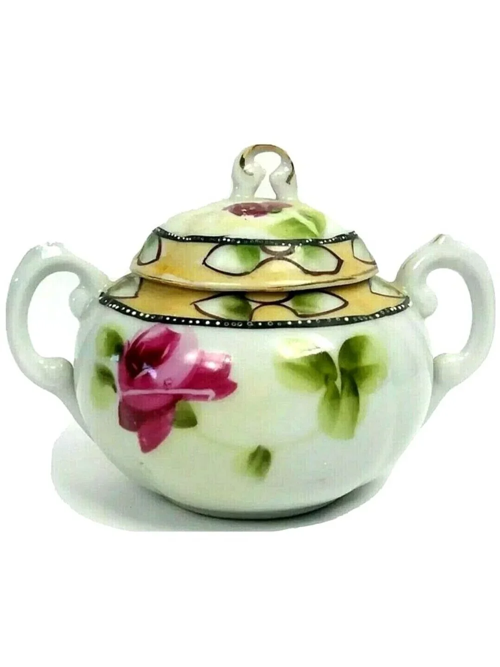 Japan Moriage Sugar Bowl lid Porcelain Double Handle Floral READ Flaw
